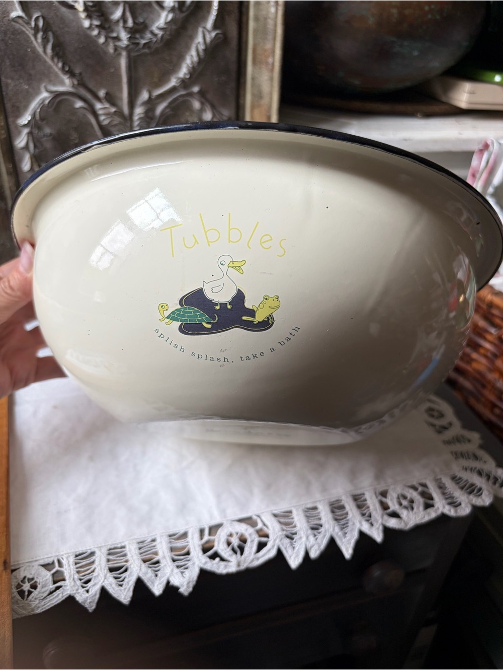Vintage Tubbles Splish Splash white black Enamel Bowl